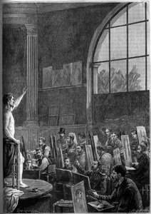 Een posesessie in een kunstenaarsatelier in Parijs. Gravure in het illustere tijdschrift 