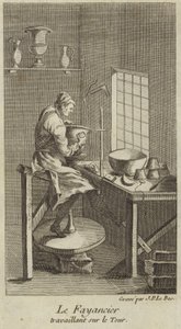 Een pottenbakker aan het werk op de draaischijf door French School
