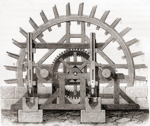 Een kruitmolen en zijn waterrad, naar een 19e-eeuwse tekening, uit Les Merveilles de la Science, gepubliceerd ca. 1870