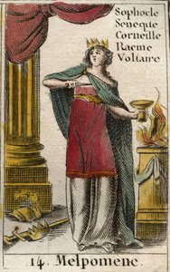 Afbeelding van Melpomene, muze van de tragedie, ze draagt een kroon, een scepter en een dolk, evenals een beker met gif. Uit “Mythologie de la jeunesse” door Pierre Blanchard 1803. door French School