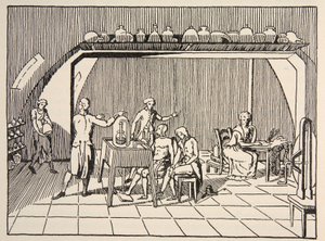 Een ademhalingsexperiment in het laboratorium van Lavoisier, kopie door Boris Mestchersky (d.1957) illustratie uit Histoire de la Nation Francaise, Sciences, Volumes I & II, door Gabriel Hanotaux (1853-1944), 1924 door French School