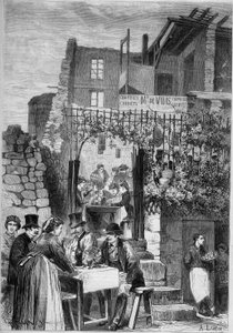Een restaurant in de ruïnes van het kasteel van Saint Cloud tijdens het carnaval door French School
