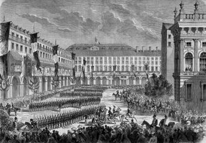 Een review van de troepen door de Italiaanse koning Victor Emmanuel II (Victor-Emmanuel) (Vittorio Emanuele) in Turijn op 7 juni door French School