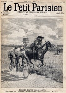 Een ruiter racete tegen velocipedisten: William Frederic Cody (1846-1917), bekend als Buffalo Bill, bekend als Koning van de Cowboys en fietsers Gaby en Fournier in tandem. Een van de kranten 