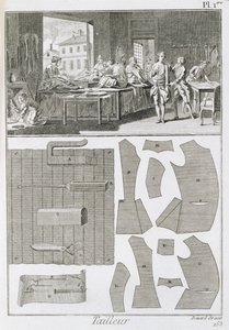 Een kleermakerswerkplaats en patronen, uit de Encyclopedie des Sciences et Metiers door Denis Diderot, gepubliceerd ca. 1770
