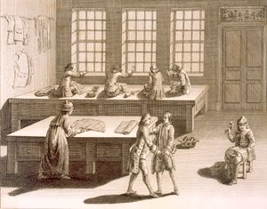 Een kleermakerswerkplaats, uit de Encyclopedie des Sciences et Metiers door Denis Diderot, gepubliceerd ca. 1770