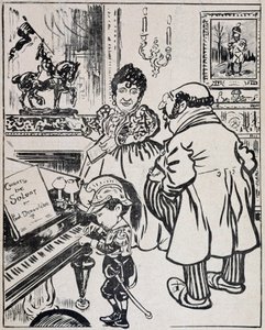 Een gebruikte bronzen, karikatuur met slagschepen, bladmuziek voor Deroulede op de piano en beeldje van Jeanne d