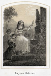 Een zeer vrome jonge Italiaanse vrouw brengt hulde aan de Maagd Maria door haar een olijftak te geven. Anonieme gravure uit de 19e eeuw