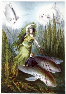 Een vrouw en een jongen die gigantische vissen op haaien ontvluchten - in "Reis naar de bodem van de zee" door H. de la Blanchère. Parijs, ed. Jouvet et Cie, sd. 1880 door French School