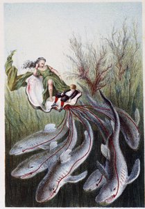 Een vrouw en een jongen op een tank geleid door haaien - in "Reis naar de bodem van de zee" door H. de la Blanchère. Parijs, ed. Jouvet et Cie, sd. 1880