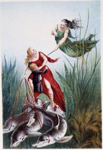 Een vrouw die een andere vrouw aanvalt en een jongen geleid door dolfijnen - in "Reis naar de bodem van de zee" door H. de la Blanchère. Parijs, ed. Jouvet et Cie, sd. 1880. door French School