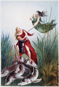 Een vrouw die een andere vrouw en een jongen aanvalt, geleid door dolfijnen - in "Reis naar de bodem van de zee" door H. de la Blanchère. Parijs, ed. Jouvet et Cie, sd. 1880 door French School