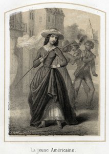 Een jonge Amerikaanse vrouw veroorzaakt gevechten tussen haar vrijers. Anonieme gravure van de 19e eeuw door French School