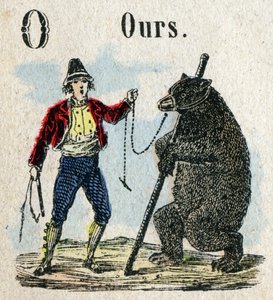 Abecedarium. Letter O zoals een berenklok. Kleine encyclopedische alfabet, populaire serie. Epinal beeld, eind 19e eeuw door French School