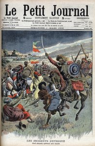 Abyssinische leider op een raid, Ethiopië, maart 1908 (christelijke Abyssiniërs vechten tegen moslim Somaliërs aan de grens tussen Ethiopië en Somalië) uit Le Petit Journal (gravure)