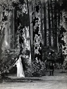 Acte I, Scene 1 van Pelleas et Melisande door Debussy, van een foto van de eerste productie in april 1902 van de opera in de Opera-Comique in Parijs, illustratie in Theatre magazine, juni 1902 door French School