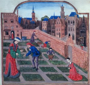 Een ommuurde kruidentuin in een stad, uit Livre des profits ruraux door Piero de Crescenzi van Bologna, eind 15e eeuw door French School