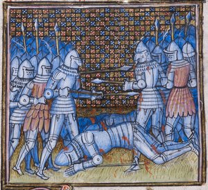 Add. 38659 fol.170 De dood van Sir John Chandos. Een middeleeuws gevecht, illuminatie uit 