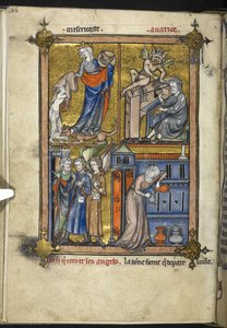 Add. 54180, f. 136v, Miniatuur met engelen in pelgrimskleding, uit 