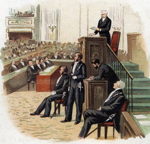 Adolphe Thiers (1797-1877), President van de Republiek aan het podium van de Nationale Vergadering in 1872 - Chromolithografie (Chromo) van het begin van de 20e eeuw