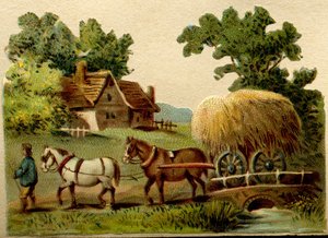 Advertentie Chromolithografie, gebeeldhouwd die een landelijke scène uitbeeldt, twee paarden geleid door een boer die een wagen met stro trekt door French School