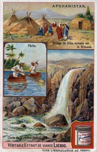 Reclamekaart met een nomadendorp aan de Hilmend, vissers en de waterval van de Kabul-rivier in Afghanistan. Chromolithografie uit de 19e eeuw. door French School