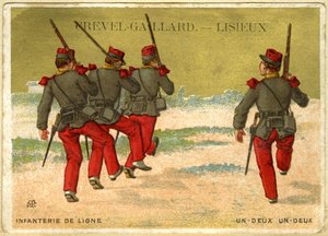 Reclamechromolithografie van Grevel-Gaillard, Lisieux, online infanterie, een twee, een twee door French School