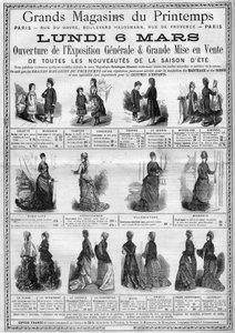 Reclame voor de opening van de algemene tentoonstelling en de verkoop van zomerseizoen nieuwkomers (zomercollectie) bij de Printemps warenhuizen in Parijs. Gravure in 