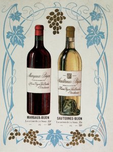Reclame voor de verkoop van wijn Margaux-Bijon en Sauternes-Bijon, 25frs voor 12 flessen, 50frs voor 25 door French School