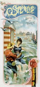 Reclame om van Parijs naar Oostende (België) te reizen: Oostende: 5 uur van Parijs, ca. 1900 (chromolithografie) door French School