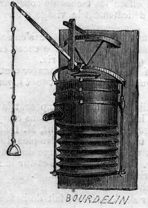Landbouwmachine: een smidsblaasbalg gepresenteerd op de Parijse landbouwwedstrijd in 1860. Gravure in "Le Monde Illustré" nr. 172 van 28 juli 1860.