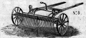 Landbouwmachine: een Engelse paardenhark gepresenteerd op de Parijse landbouwwedstrijd in 1860. Gravure in "Le Monde Illustré" nr. 16 van 7 juli 1860. door French School