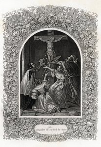 Alexander VII (Alexander of Alessandro) (Paus 1655 tot 1667) aan de voet van Christus. Gravure ter illustratie van Histoire des popes door Maurice Lachatre (1814-1900), librairie du progrès, Parijs