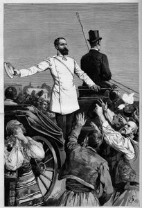 Alexander van Battenberg - Prins Alexander I na zijn abdicatie werd toegejuicht door het volk toen hij Sofia verliet. Gravure in 