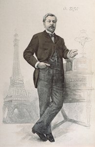 Alexandre Gustave Eiffel poseert bij zijn bureau met een tekening van de Eiffeltoren, illustratie uit La Revue Illustrée, 1888