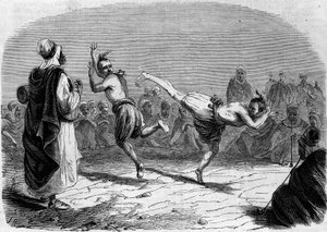 Algerijnse gewoonte: Arabische dans. Tekening door de heer Rigo, gebaseerd op een schets van de heer Ameler, bataljonsleider. Gravure in 