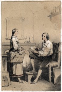 Alois Senefelder (of Aloysius of Aloys) of Johann Nepomuk Franz Aloys (1771-1834), een Tsjechische dichter en graveur, blijft zonder een vel papier in een moment van woede en wanhoop dat hem ertoe bracht alles in de vlammen te gooien, schreef de notitie va door French School