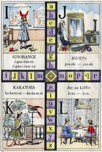 Alfabet en Letter I J K en L, onwetendheid, speelgoed, kakatoes en lotto spel. ABC van de kleine meisjes. Epinal beeld door French School