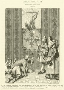 Franse ambassade, aan het hof van de koning van Siam (gravure)