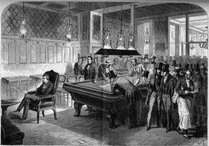 Amerikaanse schaker Paul Morphy (1837-1884) speelt blind acht schaakpartijen in het Café de la Regence in Parijs
