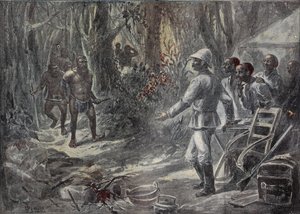 Een Engelse reiziger Lloyd ontdekt de Pygmeeën tijdens het verkennen van Afrika. Gravure in 