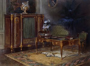 Een Interieur met een Louis XV Stijl Ormulu-gemonteerd en Parquetry Bureau Plat en Bibliotheek door French School