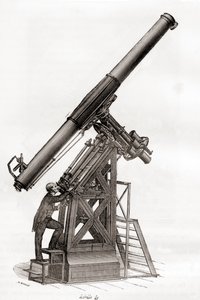 Een equatoriale telescoop in het Observatorium van Parijs, Frankrijk in de 19e eeuw, uit Les Merveilles de la Science, gepubliceerd ca. 1870
