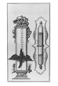 Een oude waterklok, illustratie uit een kopergravure
