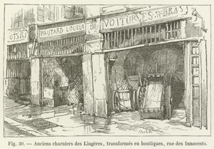 Oude knekelhuizen van de Lingeres, omgebouwd tot winkels, rue des Innocents door French School