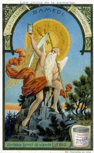 Oude godheid met een zandloper als symbool van het verstrijken van de tijd om zaterdag te illustreren. Liebig Chromolithografische Reclamekaart