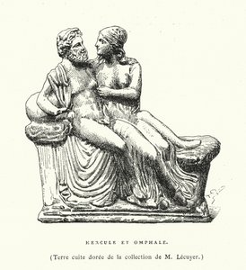 Oude Griekse terracotta sculptuur van Hercules en Omphale (gravure)