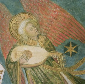 Engel muzikant die een luit speelt (detail)