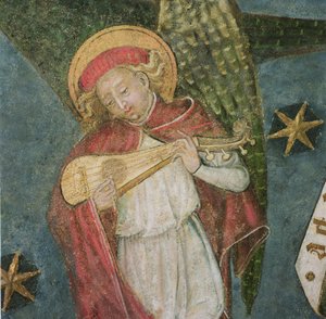 Engel muzikant die mandora speelt (detail)