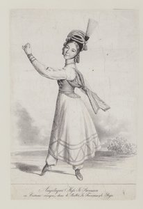 Angelique St Romain Mees in Kozakkenkostuum voor het ballet La Francaise et le Raja